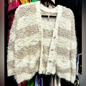 Softest Free People White Tan Striped Cardigan Fluffy Cozy